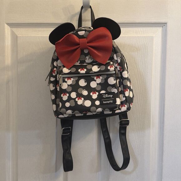 Disney Loungefly Minnie Mouse Polka Dot Mini Backpack Red Bow Ears Black 2022 main image 11